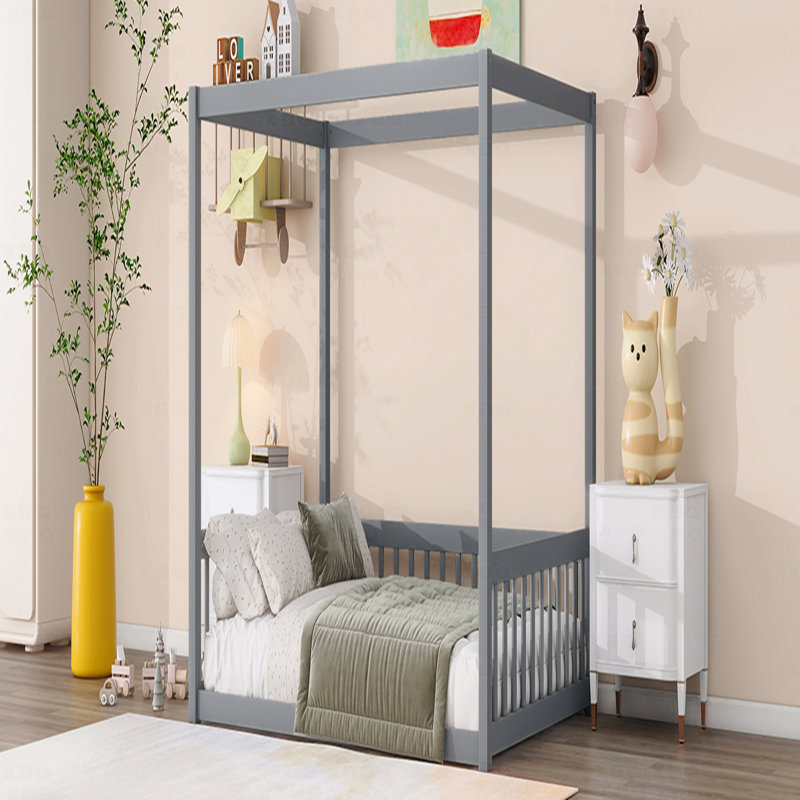 Lit en bois d'hévéa pour lit double avec clôture et garde-corps, Gris