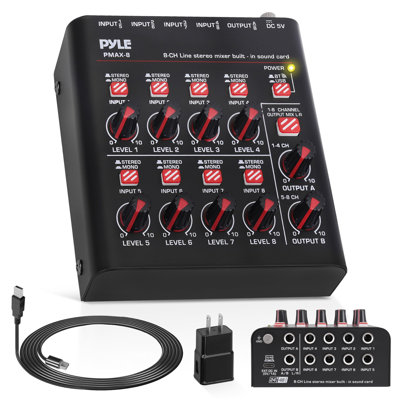Pyle 8-Channel Wireless BT Streaming Mini Line Mixer With USB Audio Interface - 8 Mono/Stereo Switching Inputs | -Low Noise Design With High Headroom