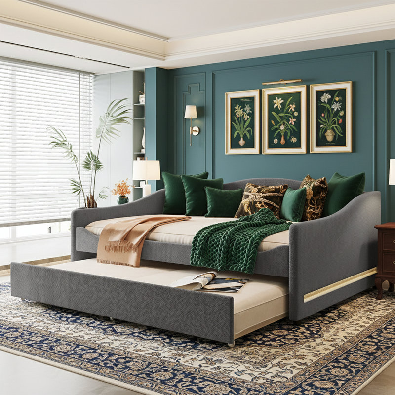 Twin Size Teddy Fleece Daybed With Trundle And Smart LED Lights - Upholstered Sofa Bed - Beige, Full, Gray