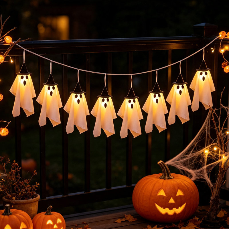 Guirlandes d'Halloween guirlandes de lumières avec chapeaux de sorcière, fantômes suspendus d'extérieur 9 pi pour patio, jardin, arbre, porche, décorations de fête d'Halloween