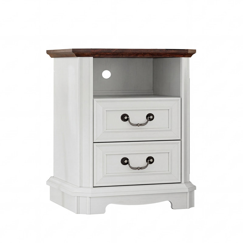 Vintage Nightstand With 2 Drawers & 1 Open Storage ,Wooden Side Table with Shelf for Bedroom, Metal Pull Rings, White/Brown