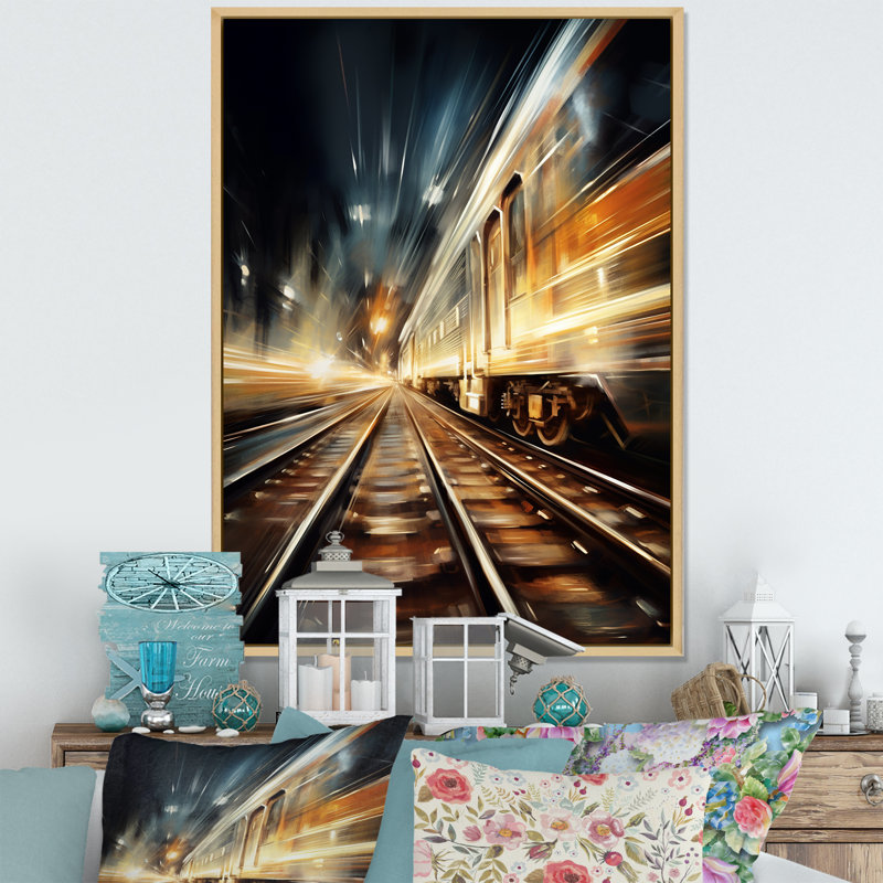 «Train Luminous Trail Lights II», reproduction sur toile, H 32 po x l 16 po x P 1 po, Cadre naturel flottant
