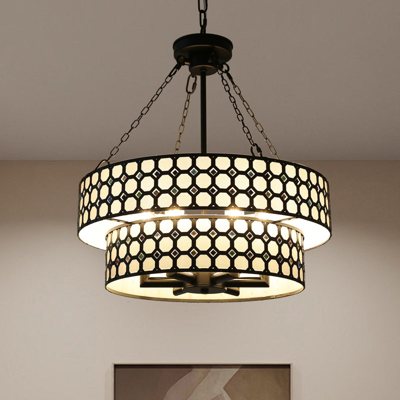 Lustre 20 pouces à deux niveaux en forme de tambour, 6 lumières avec chaîne de suspension réglable, Noir mat