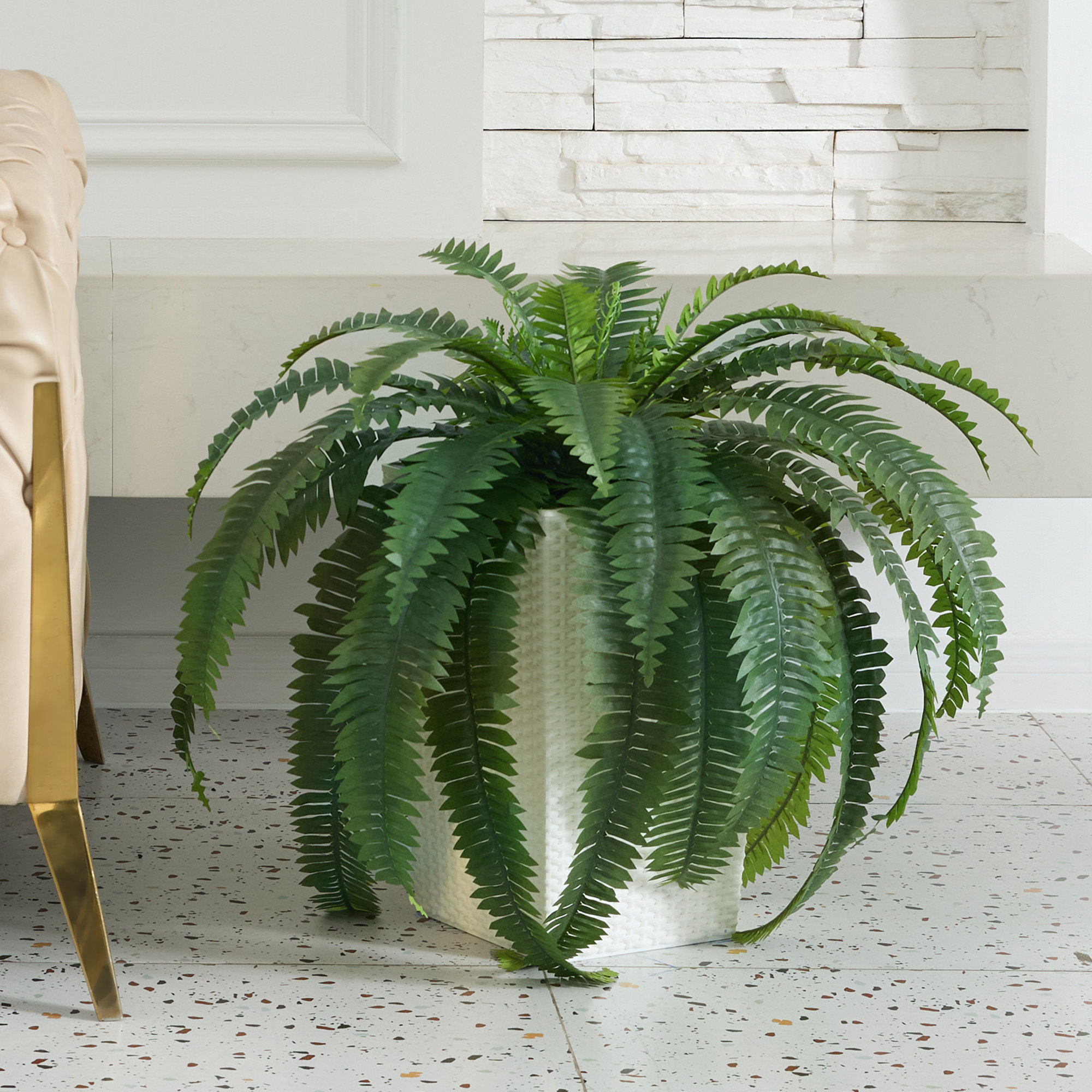 Adcock Artificial Boston Fern Bush Plant with Tapered Planter - UV Resistant Faux Ferns with 33 Leaves, White, 1