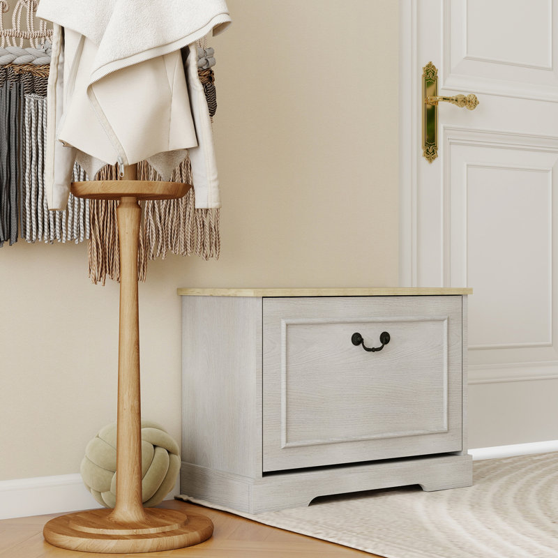Petit banc à chaussures moderne blanc antique pour le vestibule, tiroir de chambre à coucher rabattable, tablette réglable, grand espace de rangement, aéré, vestibule confortable avec 1 espace à 3 niveaux, banc, moyen E1