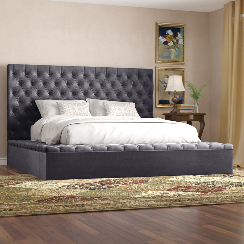 Lit plateforme tapissier avec rangement Johnnay, Grand, Velours gris