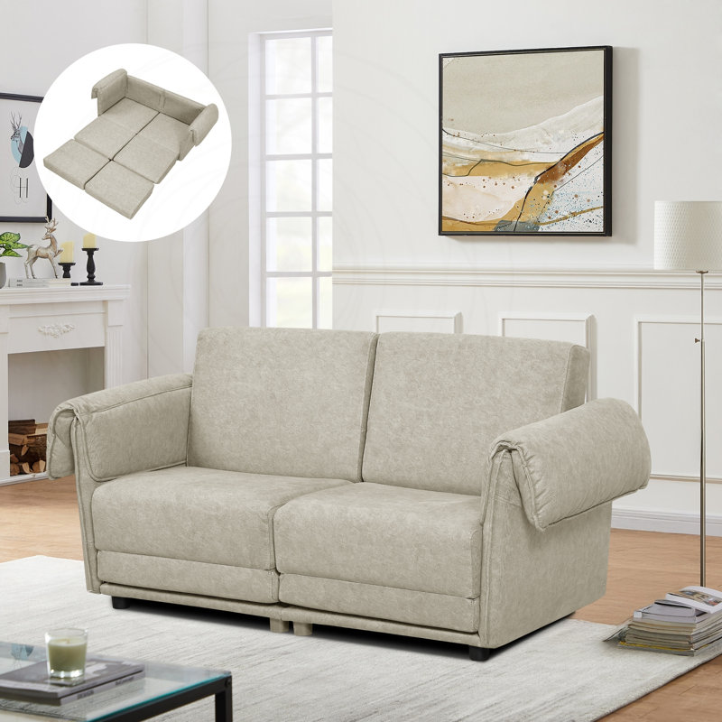 Modular Loveseat Sofa with Ottoman, Beige Fabric