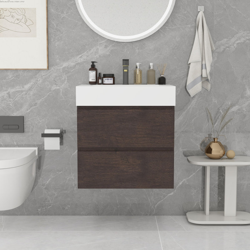 Modern Bathroom Large Storage Wall Mount Vanity, Walnut, White