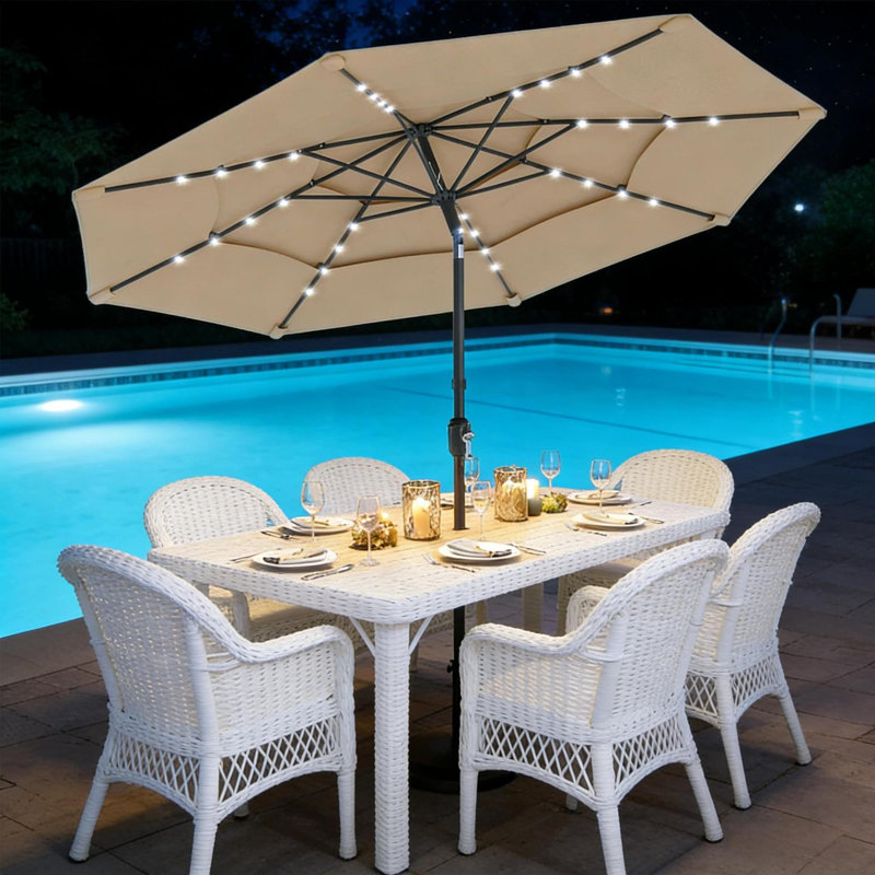 Parasols de patio à énergie solaire, polyester kaki et acier, conception extérieure moderne