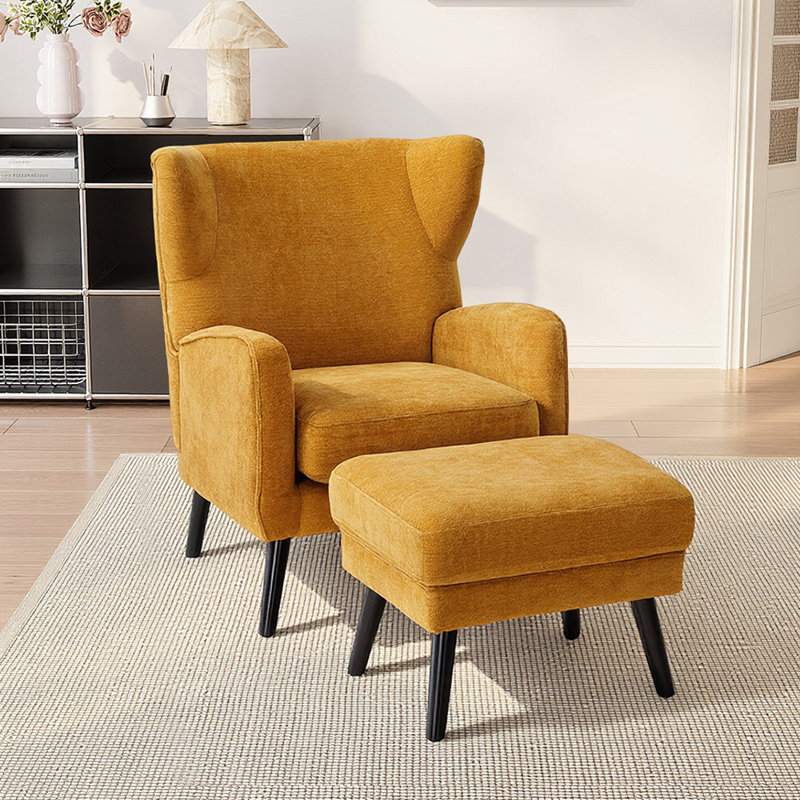 Upholstered Wingback Chair with Footstool, Yellow Chenille