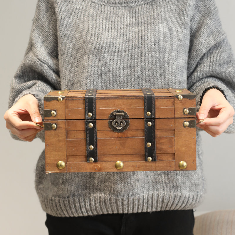 Coffre à trésor de luxe en bois - 11 po x 7,1 po x 5,5 po, boîte de rangement élégante avec couvercle à charnière robuste, coffre décoratif d'inspiration rétro, brun