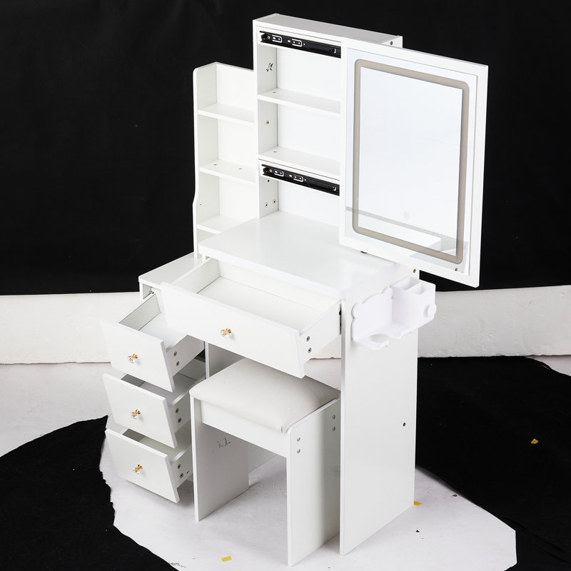 Tiny Left Bedside Cabinet Dressing Table With Relaxing Stool, Extraordinarily Huge Touch-Control Sliding Led Mirror, 2 Ac + Power Socket, Hair Dryer Bracket, Three-Color Switchable , , , Ul , White