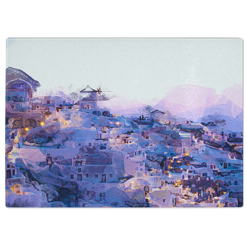 Tempered Glass The Oia Santorini Skyline in Greece in Abstract Chopping Board, 28.5 cm W x 20 cm L