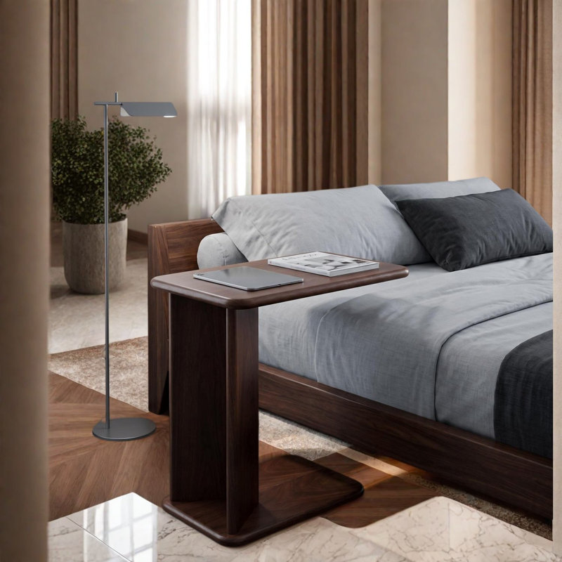 C-Shaped End Tables with Storage, Walnut MDF Modern Side Table for Sofa