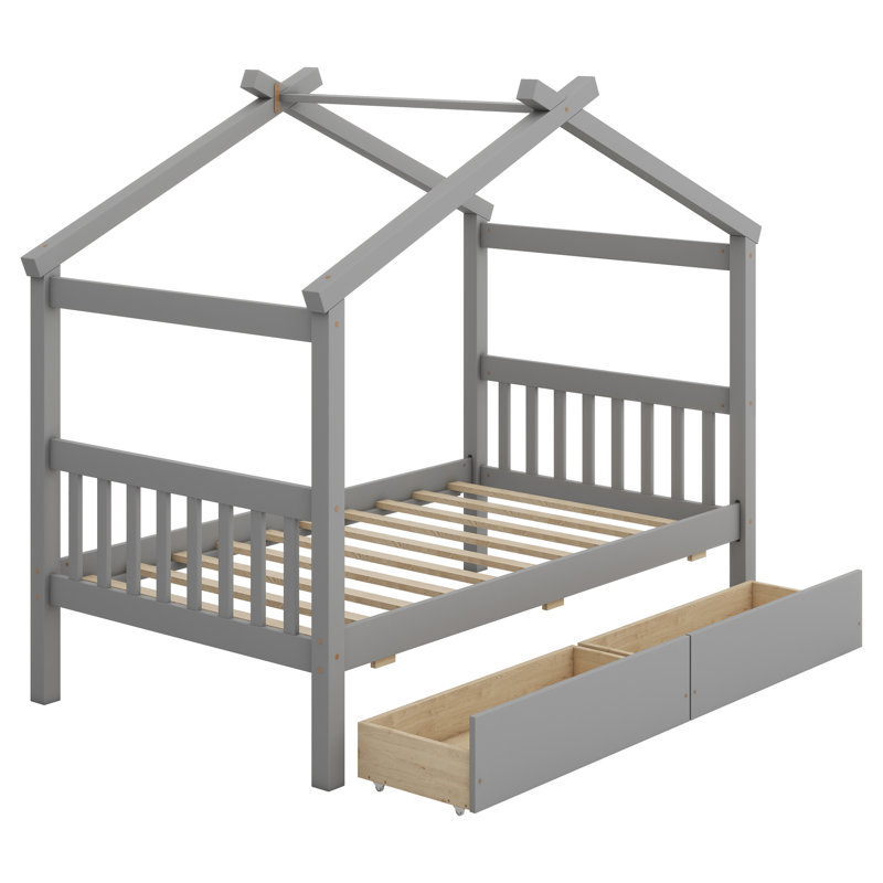 Wooden House Bed with Drawers, Gray