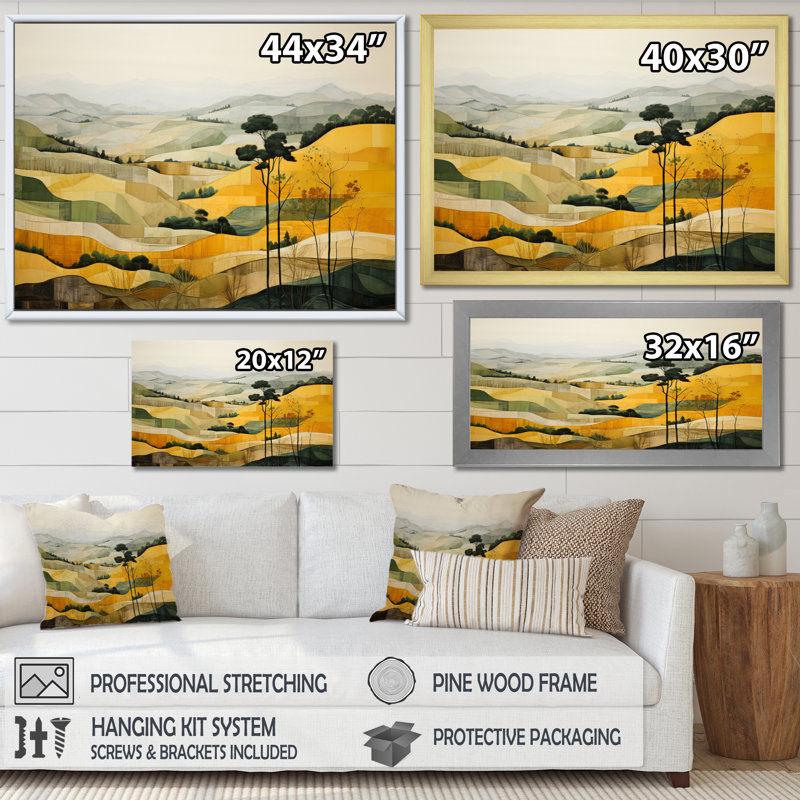 «Yellow and Green Pastoral Bold Landscape IV», reproduction d'art sur toile moderne, H 12 po x l 20 po x P 1 po, Toile tendue
