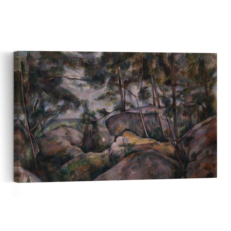 Rochers dans la forêt, estampe d'art mural contemporain abstrait impressionniste des années 1890 représentant un paysage forestier.