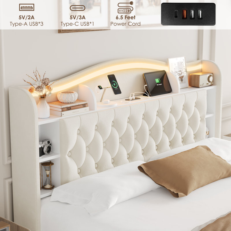 Hydraulic Lift Up Storage Upholstered Platform Bed With LED Storage Headboard, Contemporary Style, Queen
