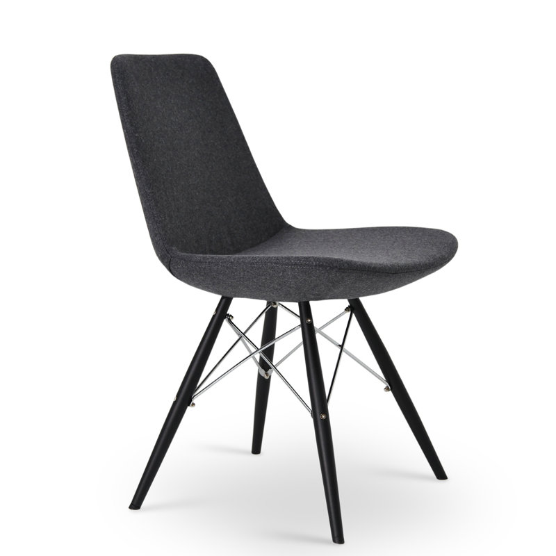 17'' H Faux Leather Upholstered Side Chair, Black Tubes/Chrome Wires, Dark Gray Wool