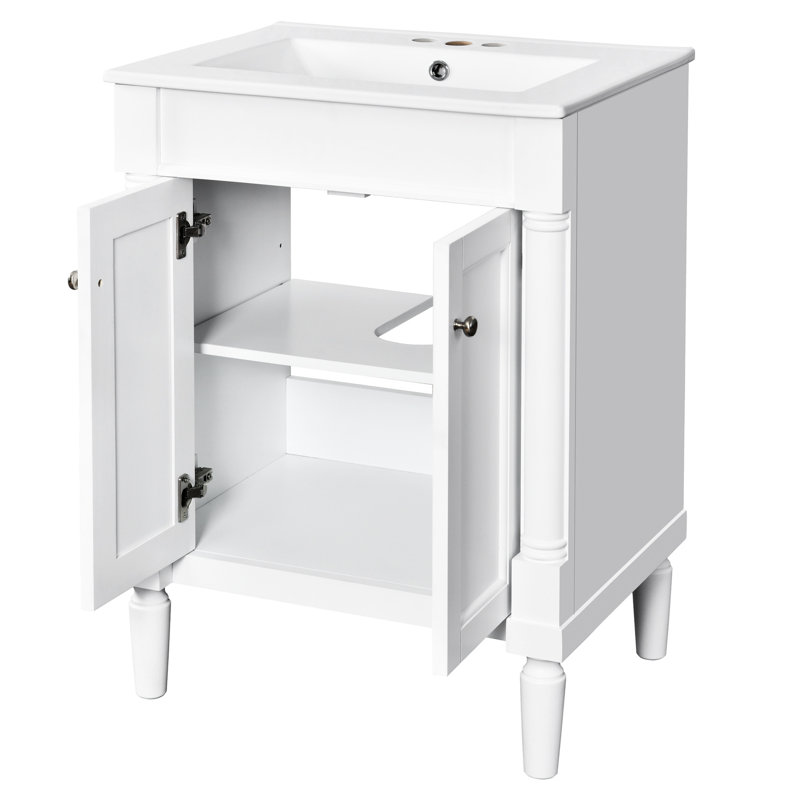 Meuble-lavabo de salle de bain 24 po avec lavabo en céramique. Moderne. Cadre en bois massif. Tableaux. Grand rangement. Blanc. Armoire à poignée exquise de style moderne. Bassin. Poignée. Charnières. Compatible avec un robinet de 4 po
