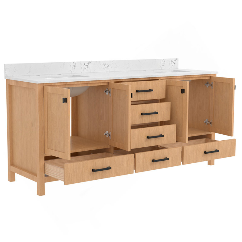 72'' Bathroom Vanity, Wood Frame Bathroom Storage Cabinet, Freestanding Vanity Top With Double Basin Natural Oak, Brown