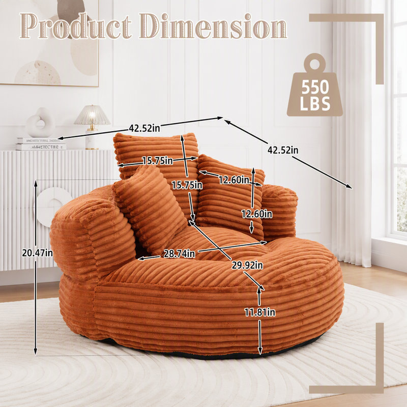 Pouf individuel avec 3 coussins et accoudoirs, Velours côtelé orange