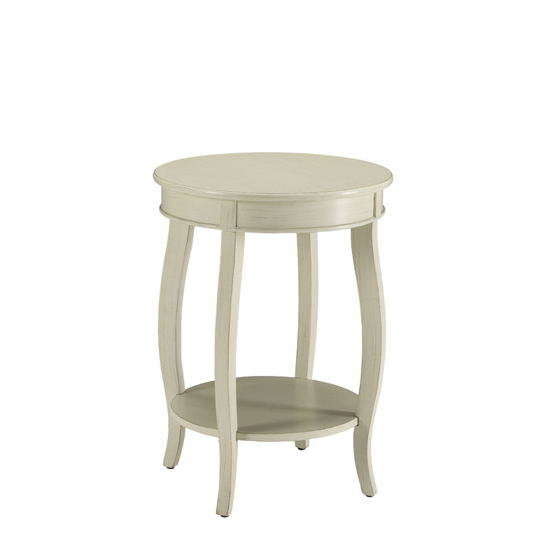 Table d'appoint antique blanche avec pieds ronds et tablette de rangement ouverte en bois avec pieds