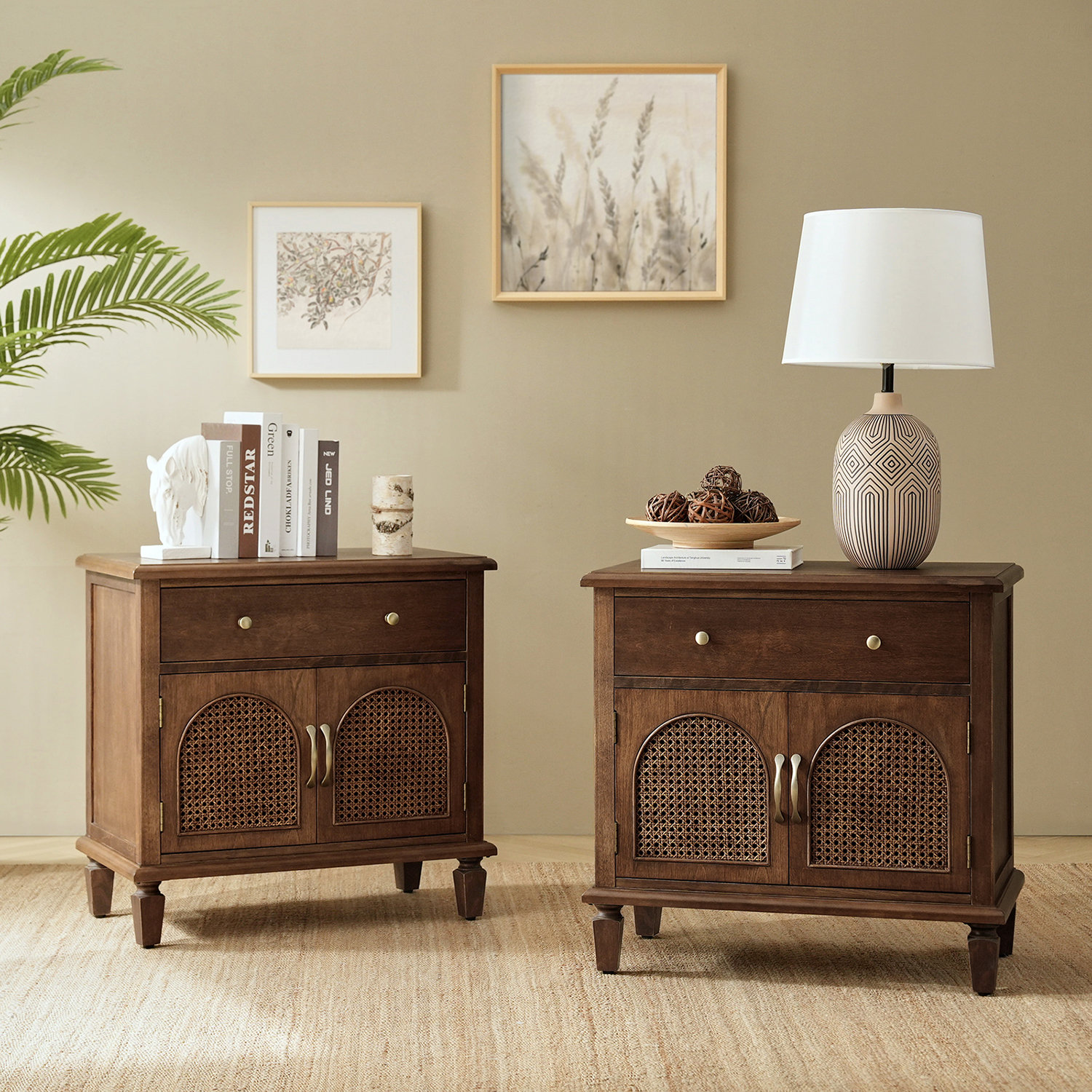 Charlton Home® Dyals Traditional 28"W Nightstand Design Rattan Cabinet Doors with Built-in Power Outlet and Adjustable Shelf & Reviews | Wayfair