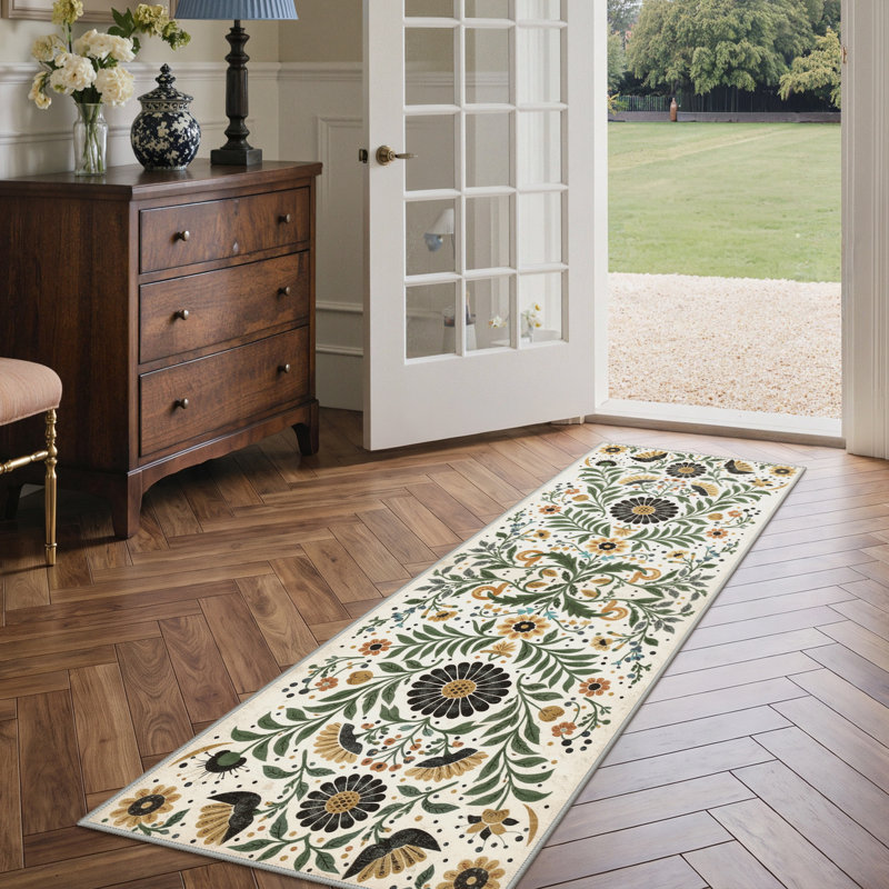 Clermont Vintage Boho Floral Sage Ochre Machine Washable Area Rug, Runner 2'6" x 8', Beige / Sage Green