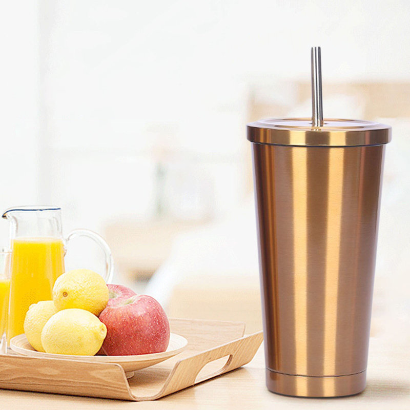 Bouteille d'eau Tasse à paille en acier inoxydable à la mode Tasse à café 500 ml Grande capacité, Doré