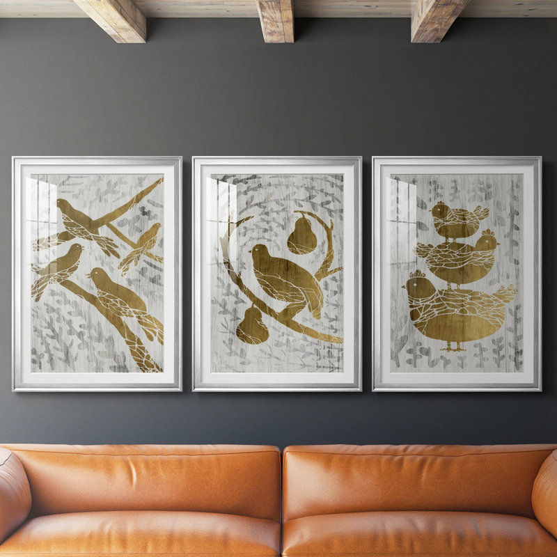 Quatre oiseaux chanteurs - feuille d'or - impression encadrée sur mesure de qualité supérieure - 3 pièces, Argent argent