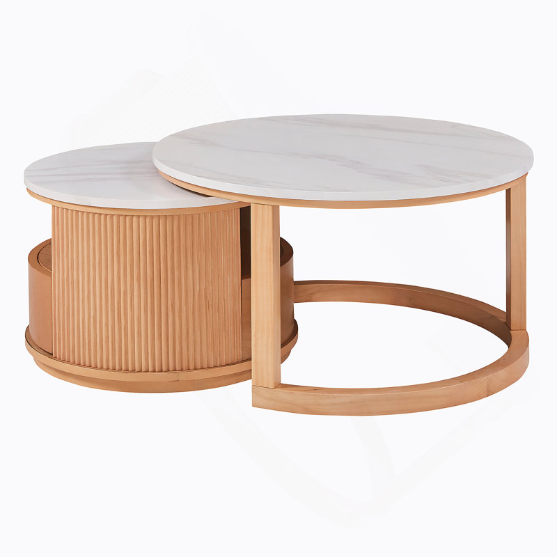 Élégante table basse gigogne avec plateau en marbre, rangement à deux niveaux et tiroir, idéale pour les espaces de vie organisés et élégants