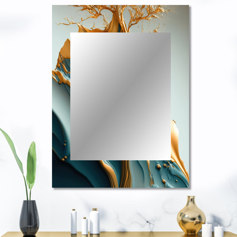 Abstrait bleu et feuilles dorées III - miroir décoratif à feuilles, grand miroir mural traditionnel, impression d'art en métal