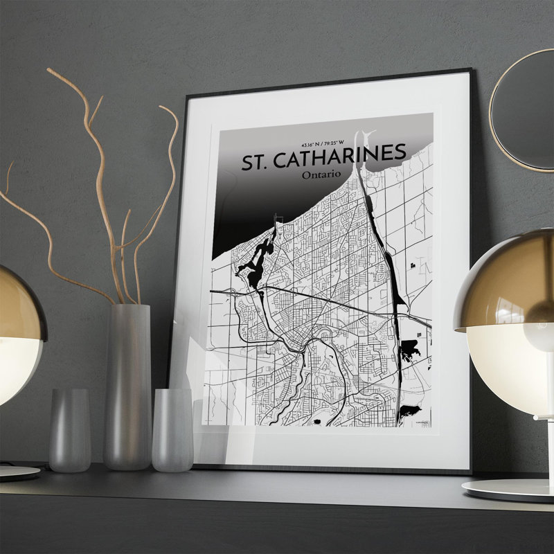 St. Catharines City Map, impression, Noir / blanc, H 27,6 po x l 19,7 po