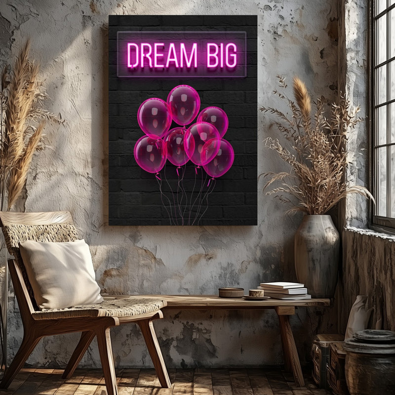 Reproduction d'art sur toile, "Scène vibrante" avec une enseigne au néon rougeoyante qui lit "DREAM BIG" en lettres roses audacieuses contre une toile texturée foncée