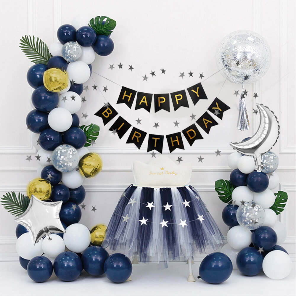 ADRYK White & Blue Happy Birthday Decoration - 24 Pcs items - Bunting,  fairy light, Backdrop Net, Balloons -