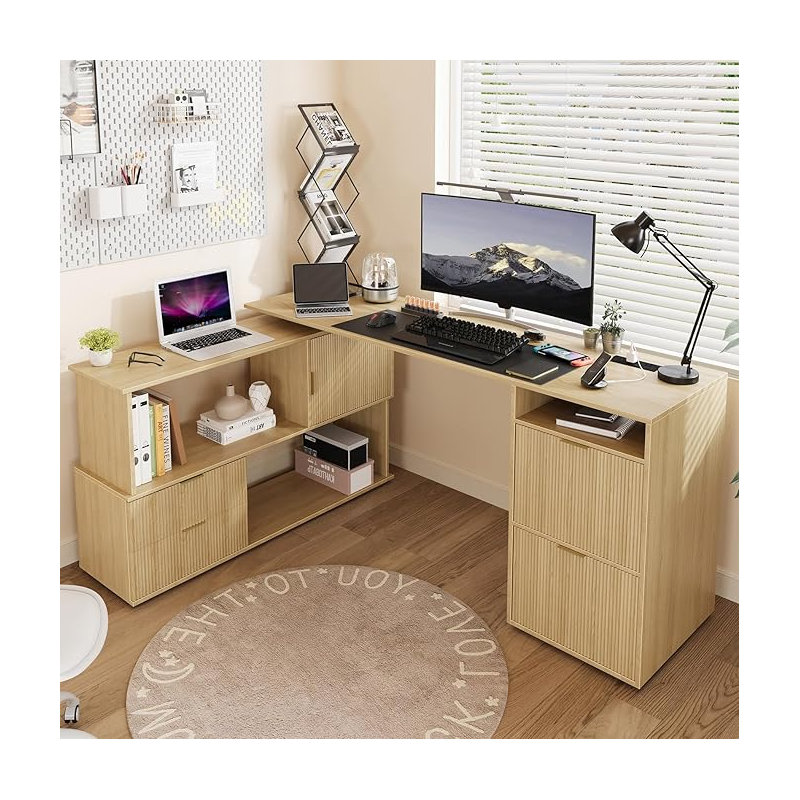 65" L Shaped Standing Desk, 180° Rotatable Corner Desk with Adjustable File Drawer and Power Outlets, Oak
