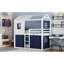 Lit superposé simple avec tente bleue et blanche, conception de style cabane dans les arbres, bois massif et matériau, activités de rangement spacieuses, décoration de chambre à coucher