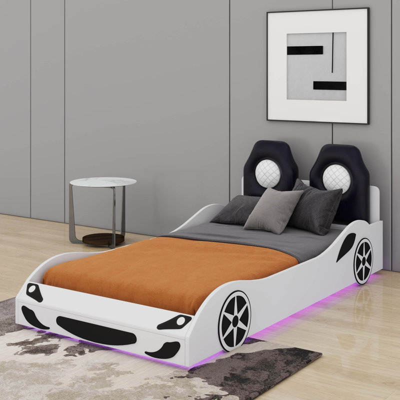 Lit plateforme en bois pour voiture de course avec dossier rembourré et DEL, Blanc