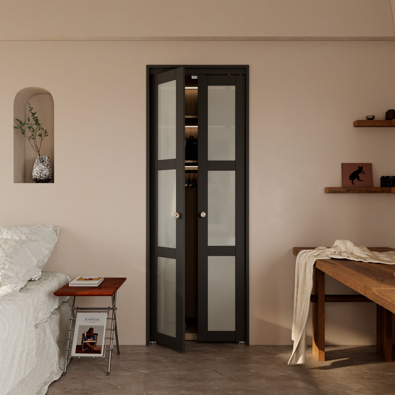Forested Glass Solid Core Manufactured Wood Pivot-French Or Bi-Fold Doors With Hardware Kit, 28" x 80"