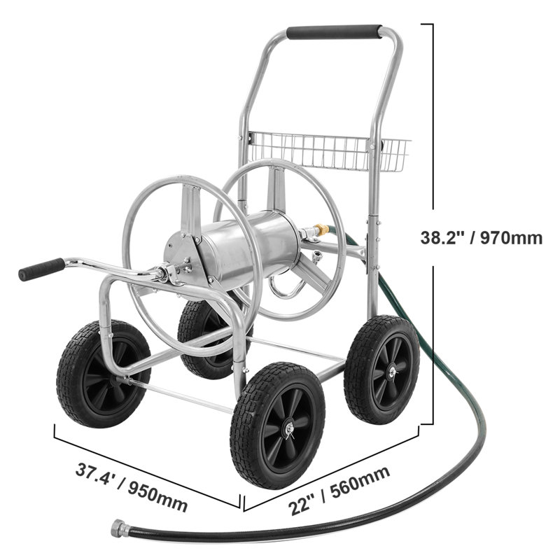 Chariot porte-tuyau d'arrosage, capacité jusqu'à 90 m de tuyau de 16 mm, chariot de jardin mobile à 4 roues, en acier robuste avec revêtement en poudre, avec panier de rangement, pour l'arrosage du jardin et de la pelouse.