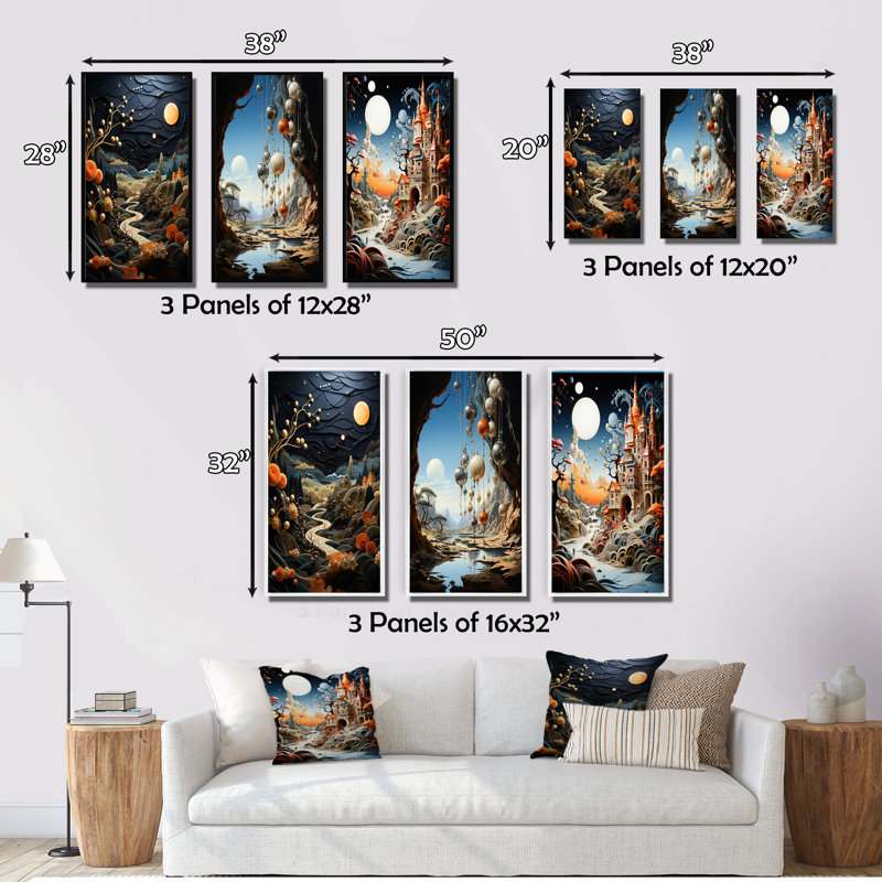 "Surréalisme, paysages de rêve et surréalisme", 3 pièces sur toile, Encadrement doré, H 20 po x l 36 po
