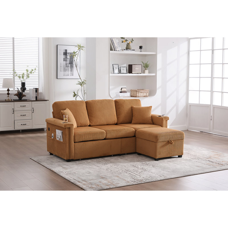 L-Shaped Sectional Sofa With Pull-Out Storage, Ottoman, Pillows, USB Charging, Cup Holder And Convertible Design For Living Room And Apartment