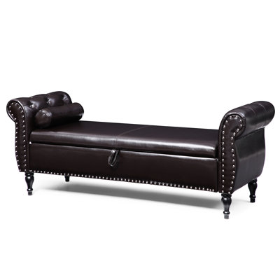 Rangement tapissier de 63 po avec oreiller, rectangulaire, boutons, garniture cloutée, pieds en bois massif, repose-pieds brun pour chambre à coucher