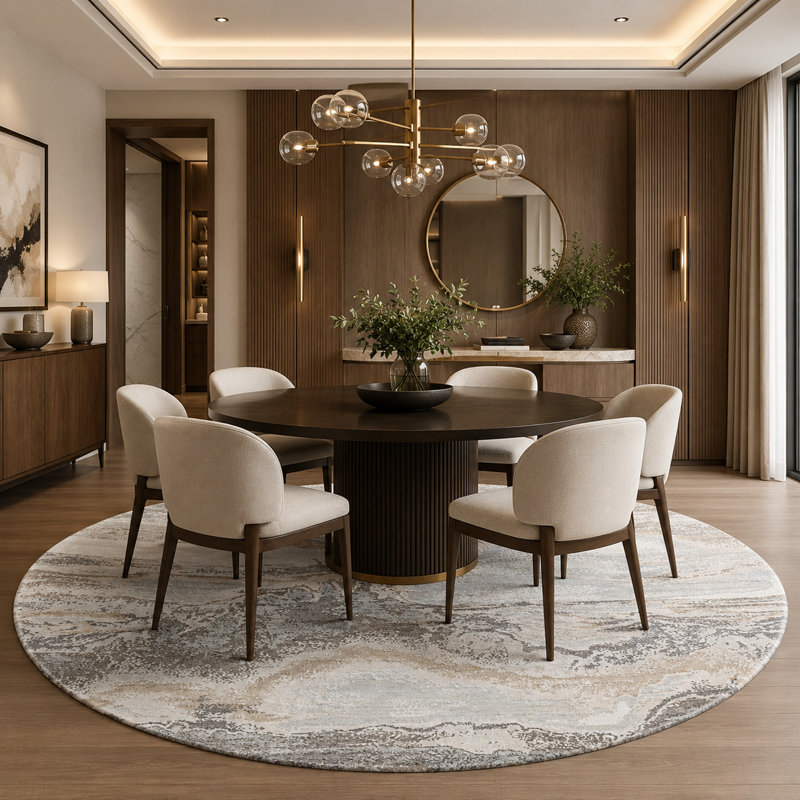 Handmade Silk and Wool Area Rug, Beige/Gray, Round 8'