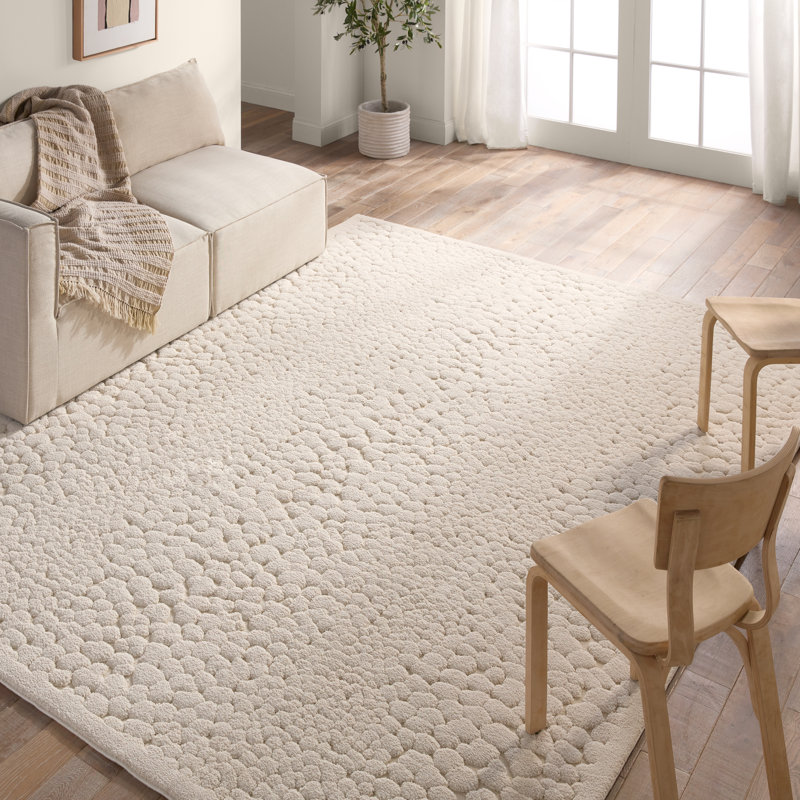 Rectangle Abstract Machine Woven Polyester/Chenille Area Rug in Cream, Rectangle 6'7" x 9'6"