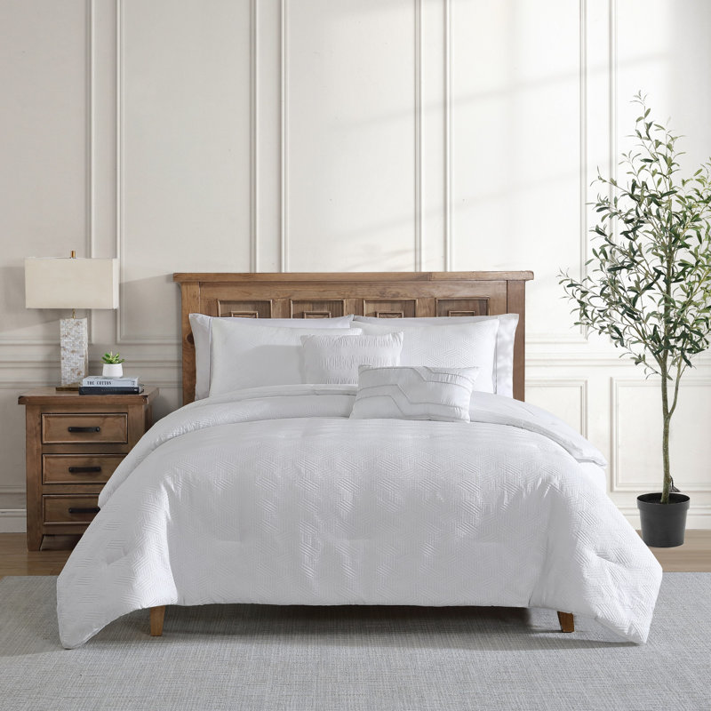 Tahari Home Blanca 5-Piece Bright White Jacquard Geometric Comforter Set, Queen Comforter + 4 Additional Pieces