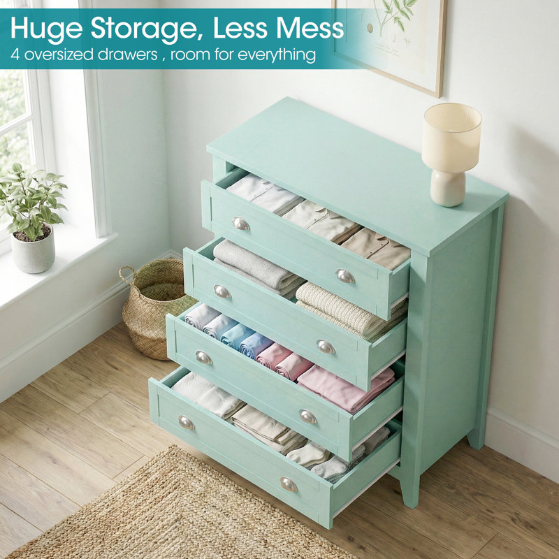 Pastel 4-Drawer Dresser with Silver Shell Handles, Modern Cottage Storage Cabinet in Sky Blue, Morandi Pink, or Mint Green