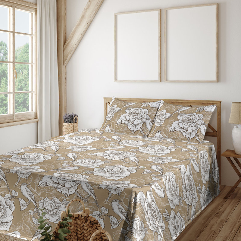 Ambesonne Watercolor Botany Sheet Set 4 Pcs Retro Boho Bloom, Queen Sheet Set with 2 Pillowcases, Dark Khaki White Floral