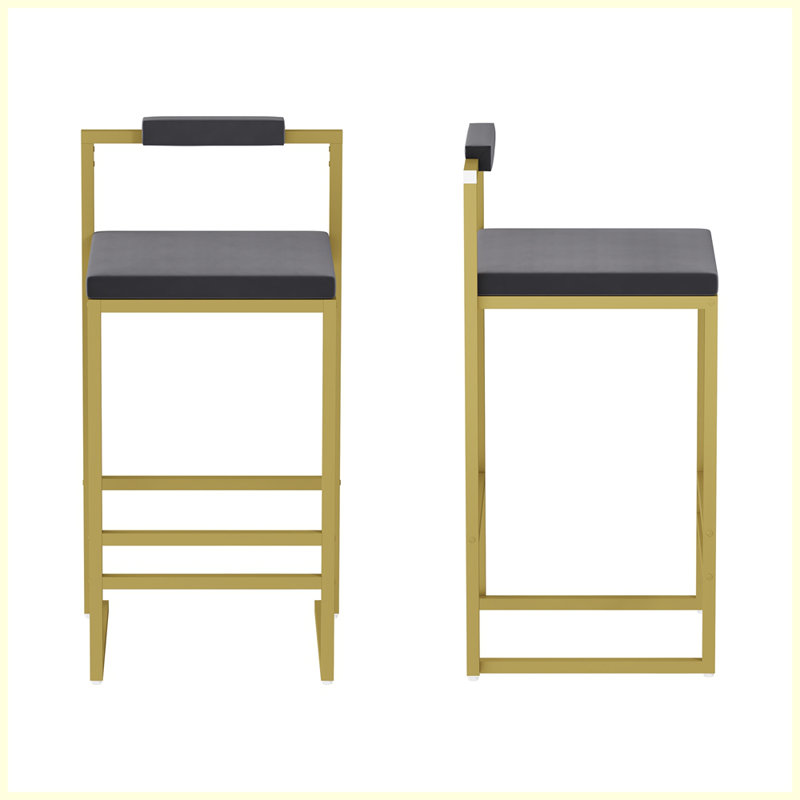 Modern Set of 2 Upholstered Bar Stools for Kitchen, Gray, Gold